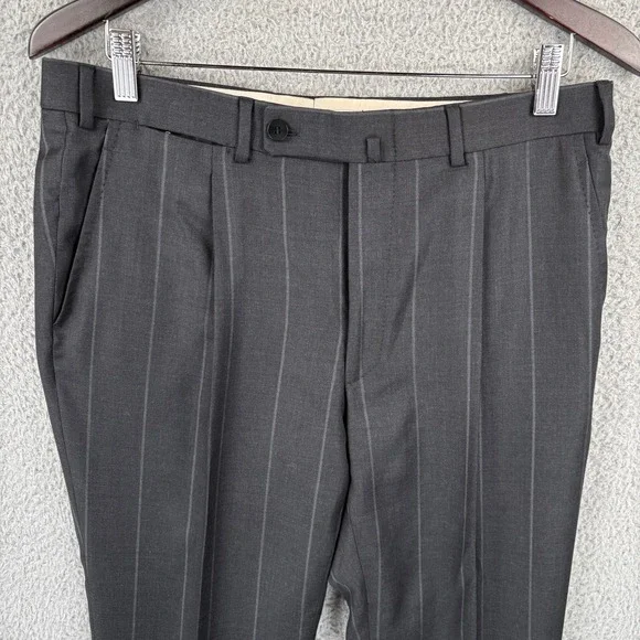 ISAIA Napoli Flat Front Dress Pants Men's 32x28 Black Chalk Stripe Made Italy - Picture 2 of 9